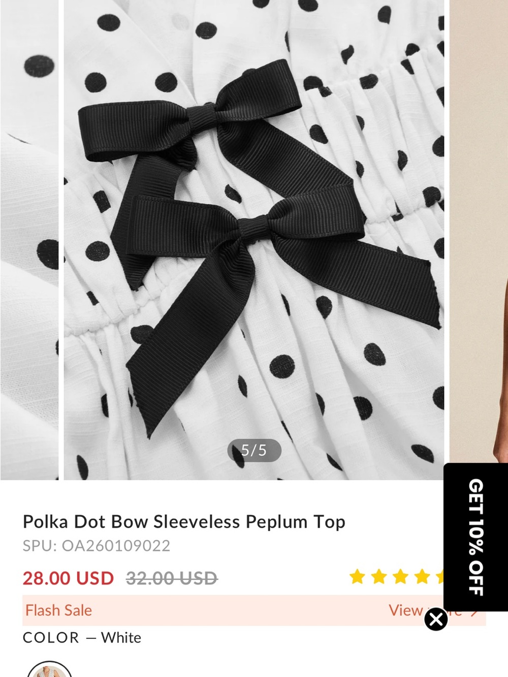 Commense White Polka Dot Sleeveless Peplum Top with Black Bow - Picture 5 of 5